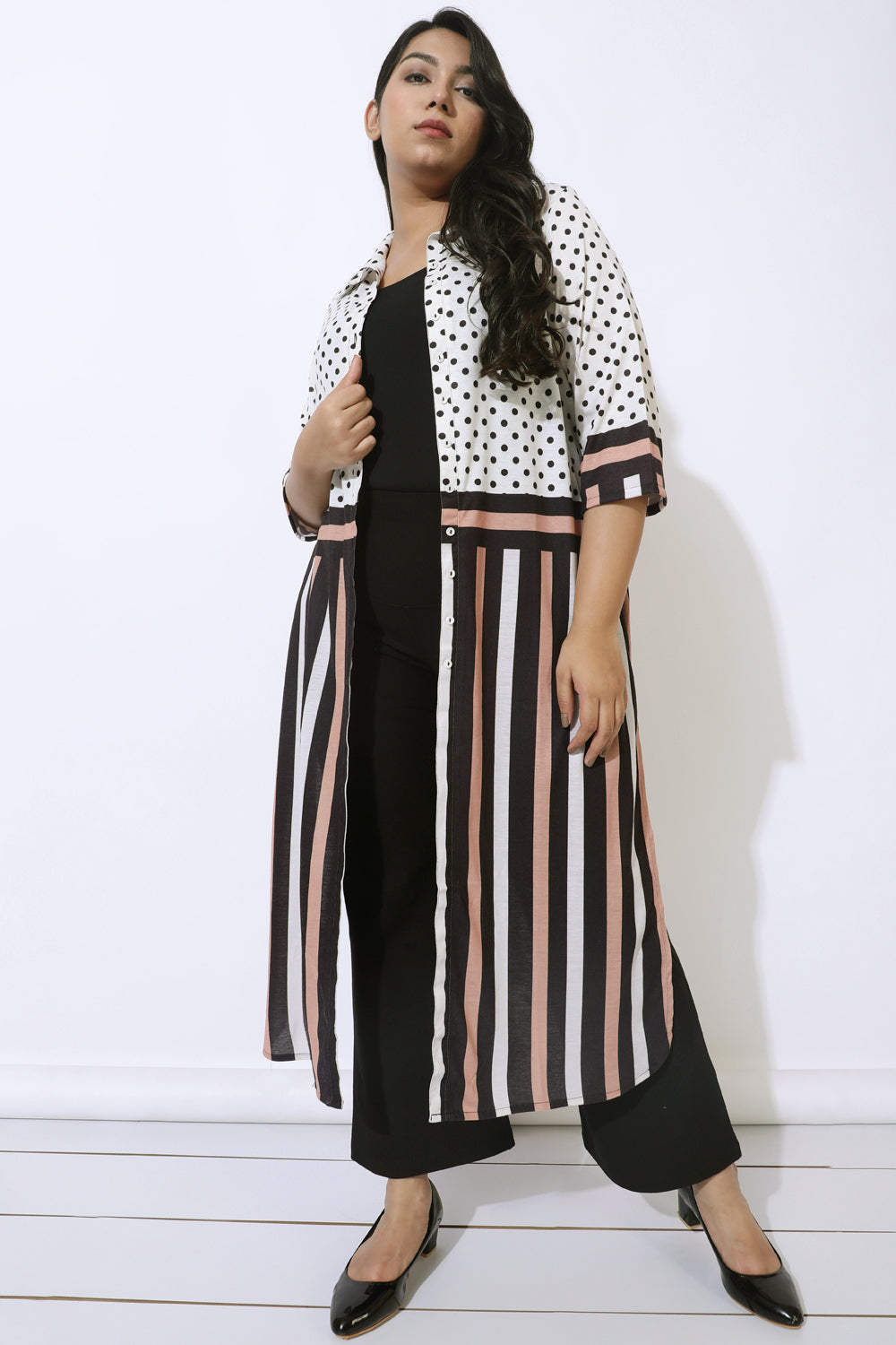 Plus Size Black Luxe Polka Stripes Kurta Cum Shrug