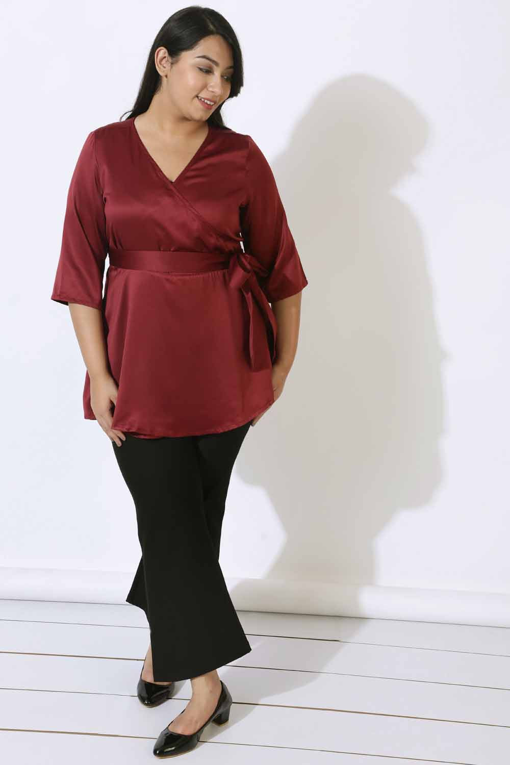 Buy Plus Size Maroon Satin Wrap Top