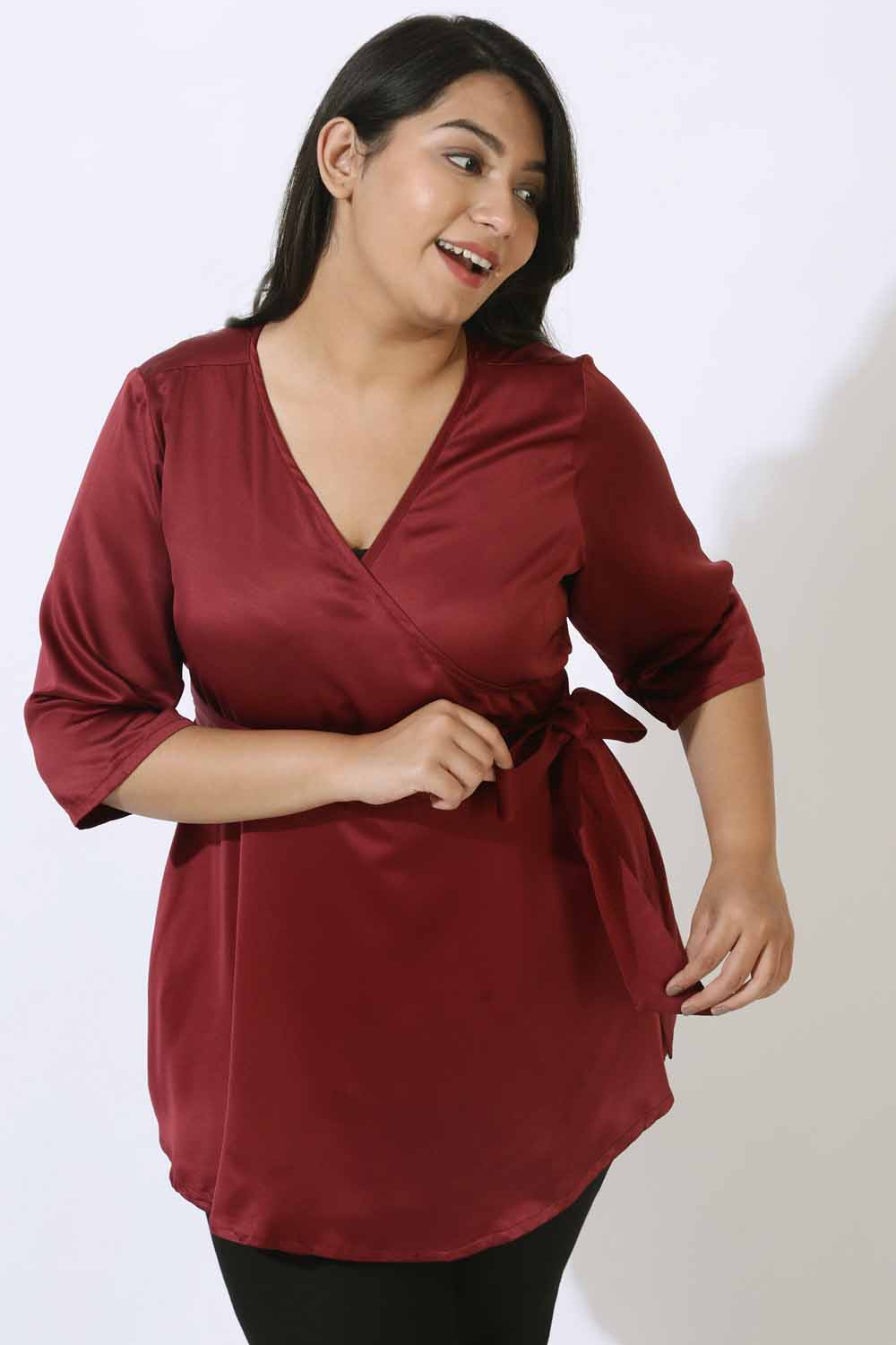 Plus Size Maroon Satin Wrap Top