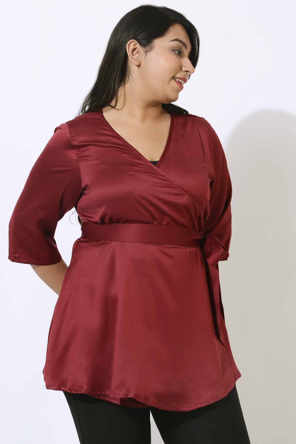 Plus Size Plus Size Maroon Satin Wrap Top