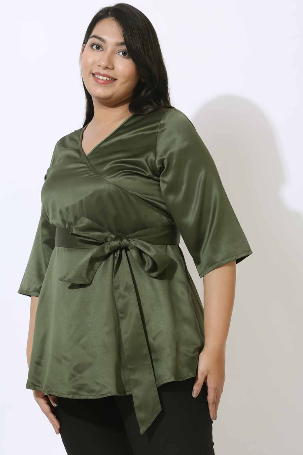 Plus Size Plus Size Olive Satin Wrap Top