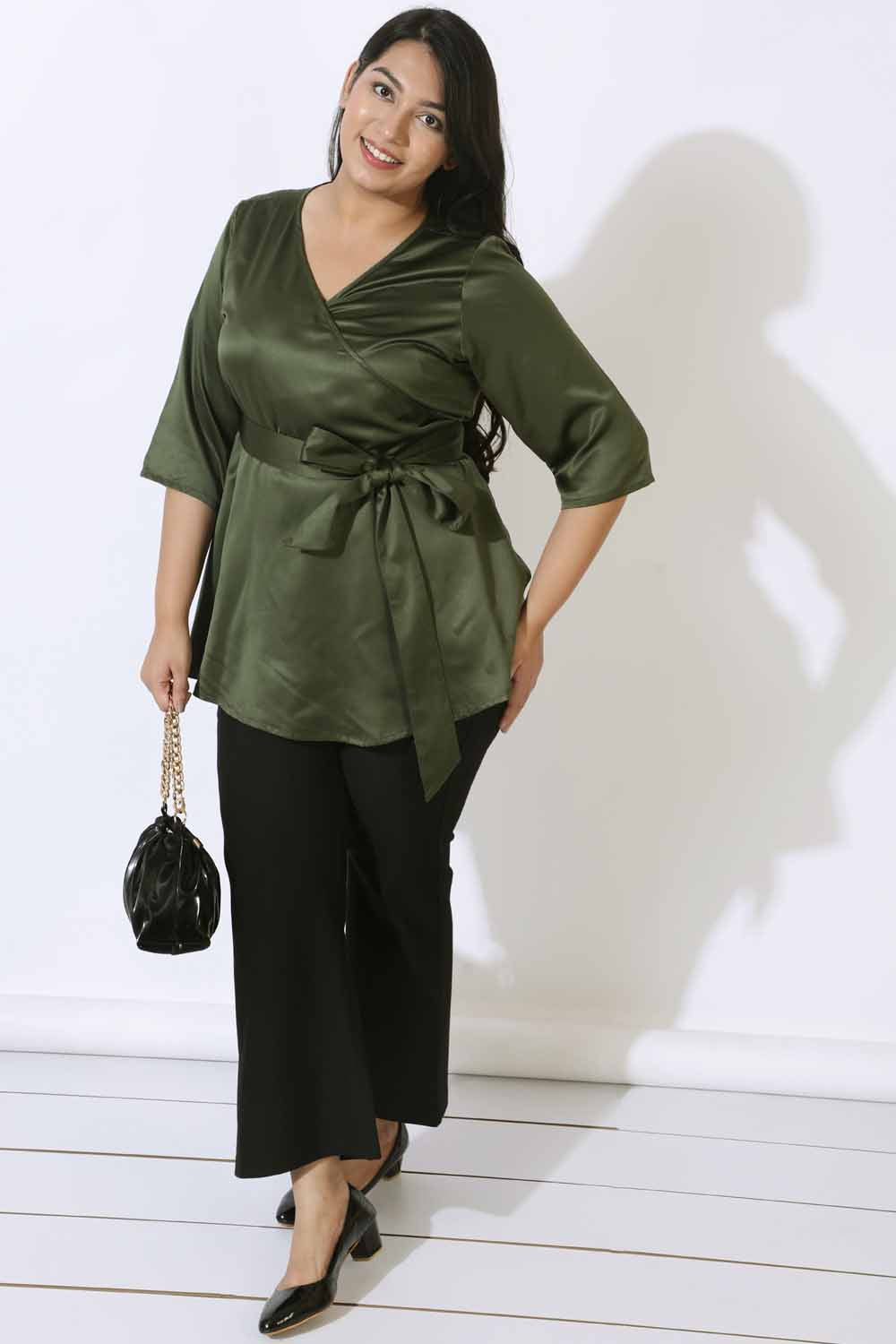 Buy Plus Size Olive Satin Wrap Top