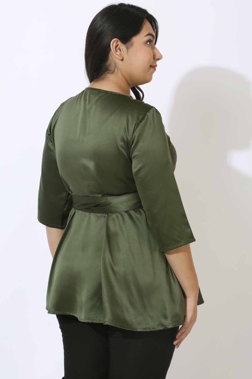 Plus Size Olive Satin Wrap Top