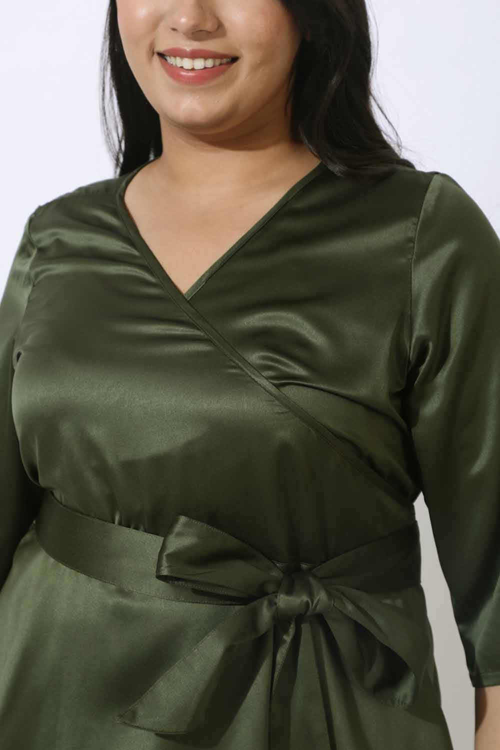 Comfortable Plus Size Olive Satin Wrap Top