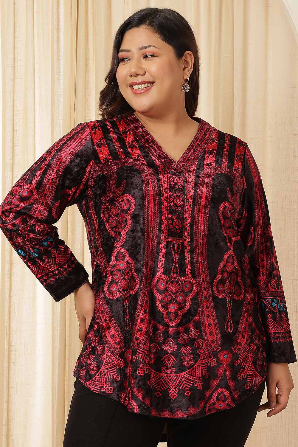 Plus Size Black Red Velvet Top