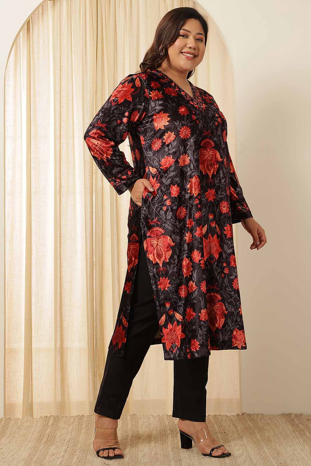 Plus Size Black Red Floral Velvet Kurta