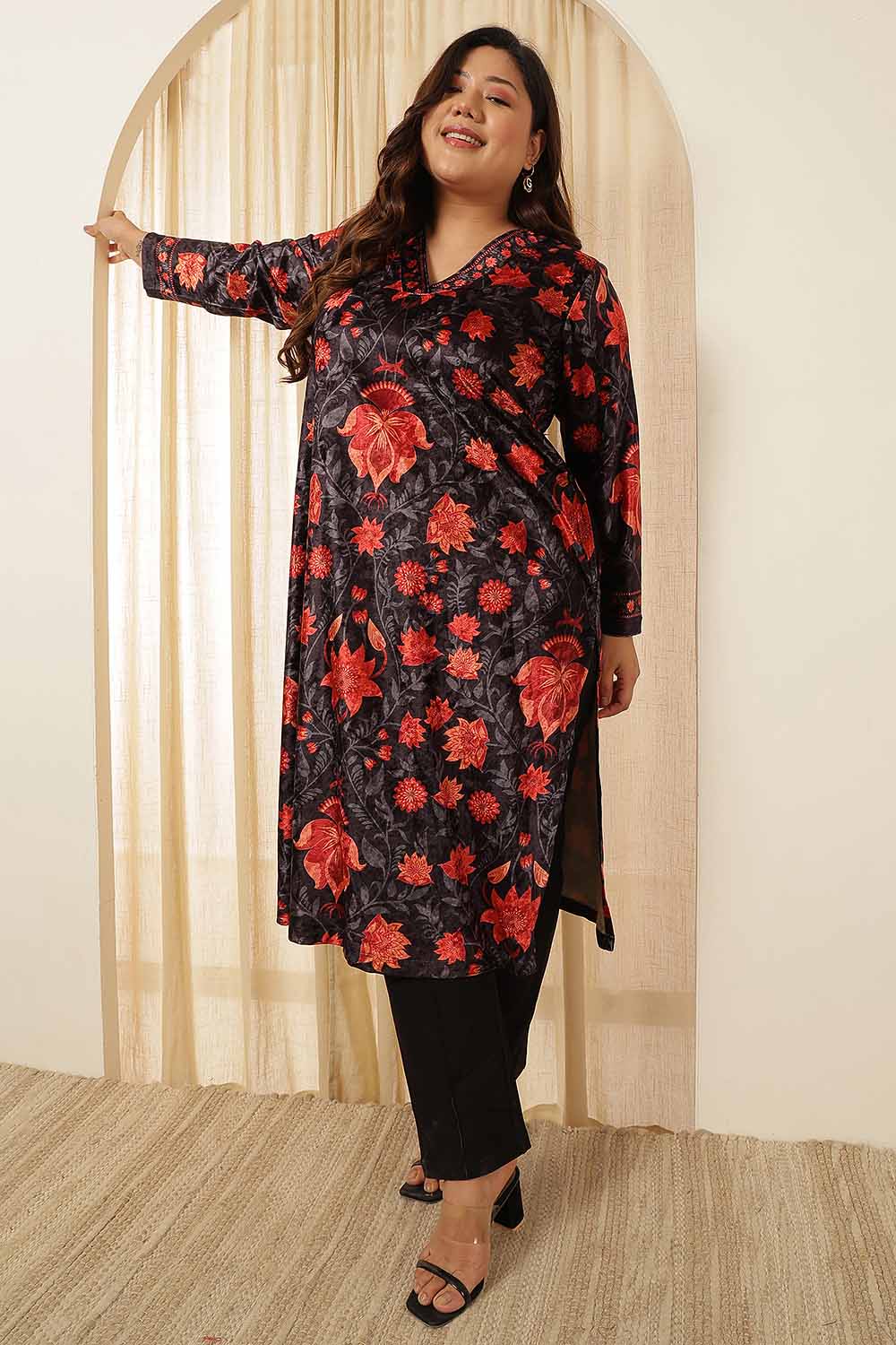 Plus Size Black Red Floral Velvet Kurta