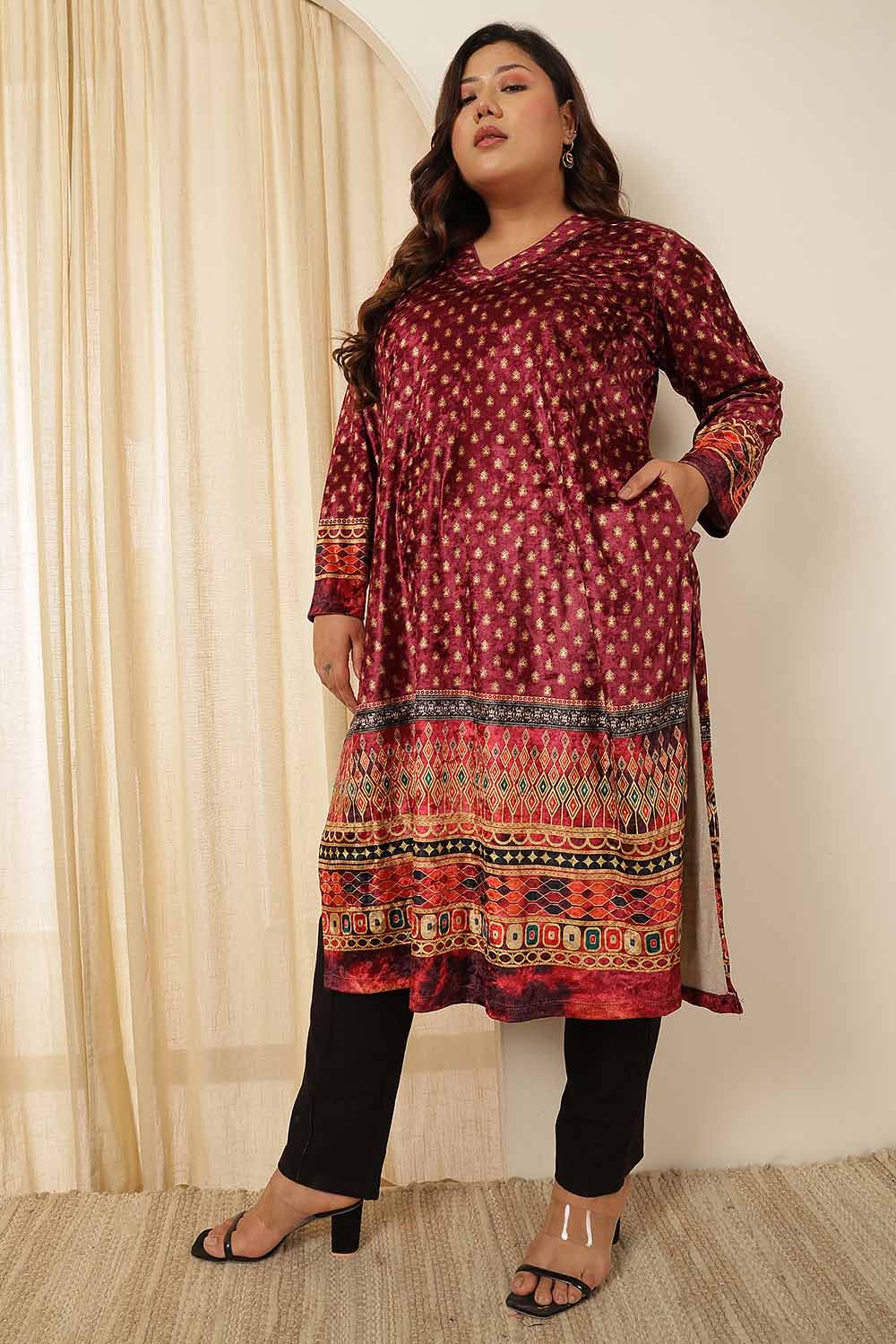 Comfortable Plus Size Maroon Border Print Velvet Kurta