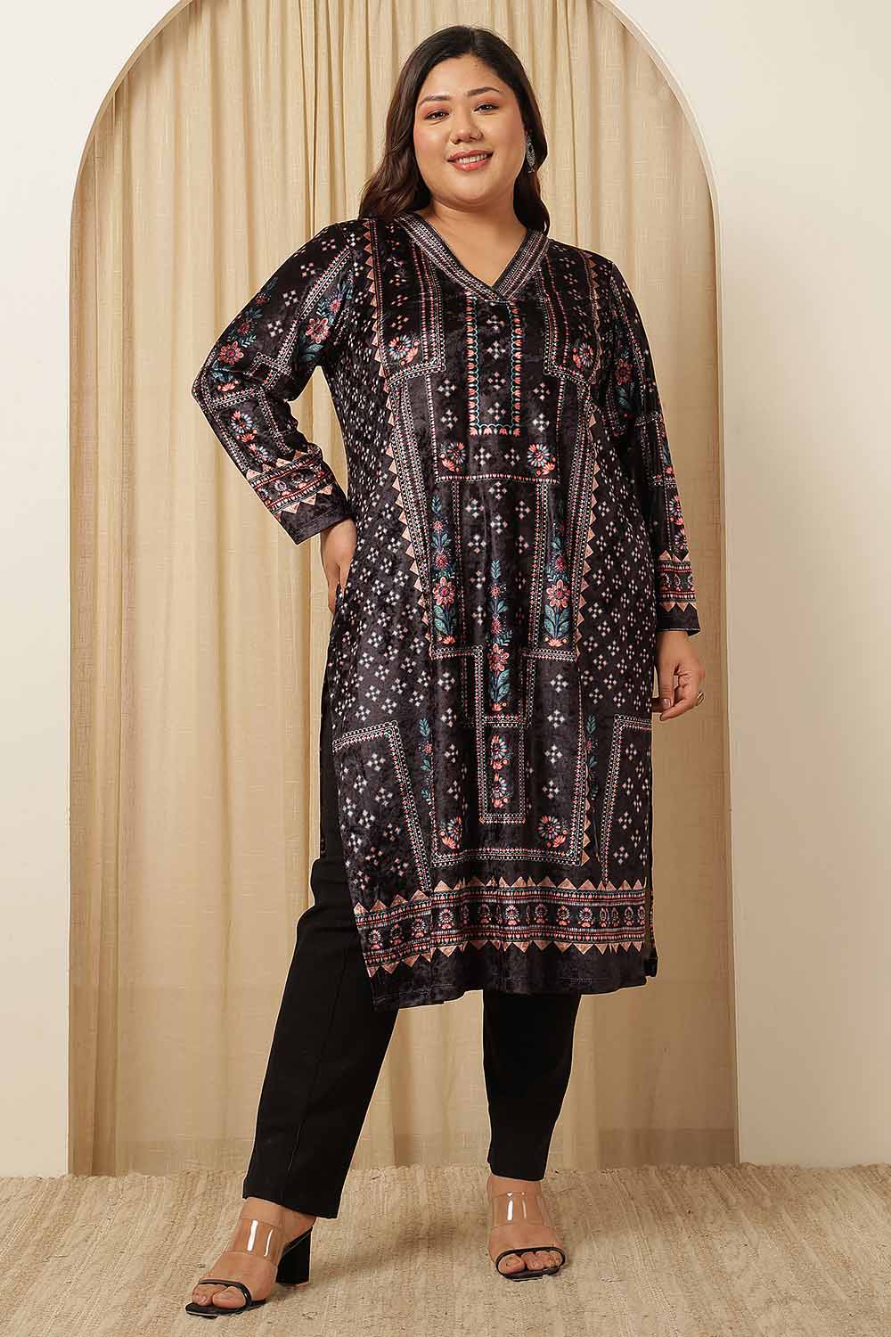 Buy Plus Size Black Ethnic Panel Velvet Kurta