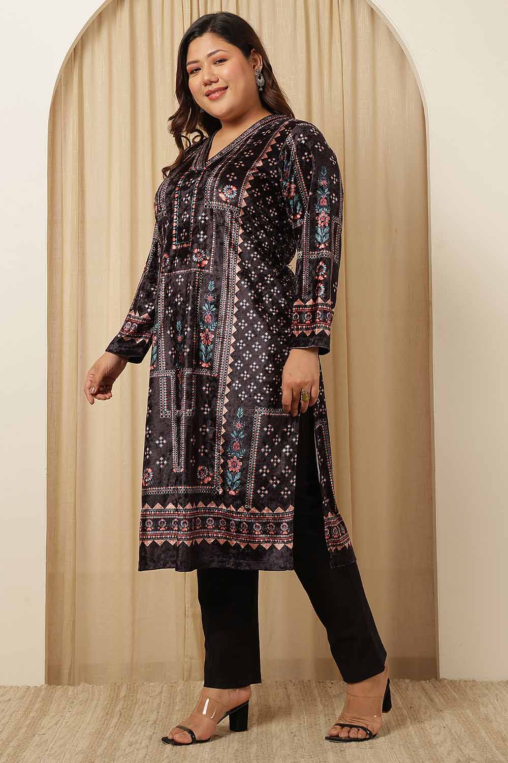 Plus Size Plus Size Black Ethnic Panel Velvet Kurta
