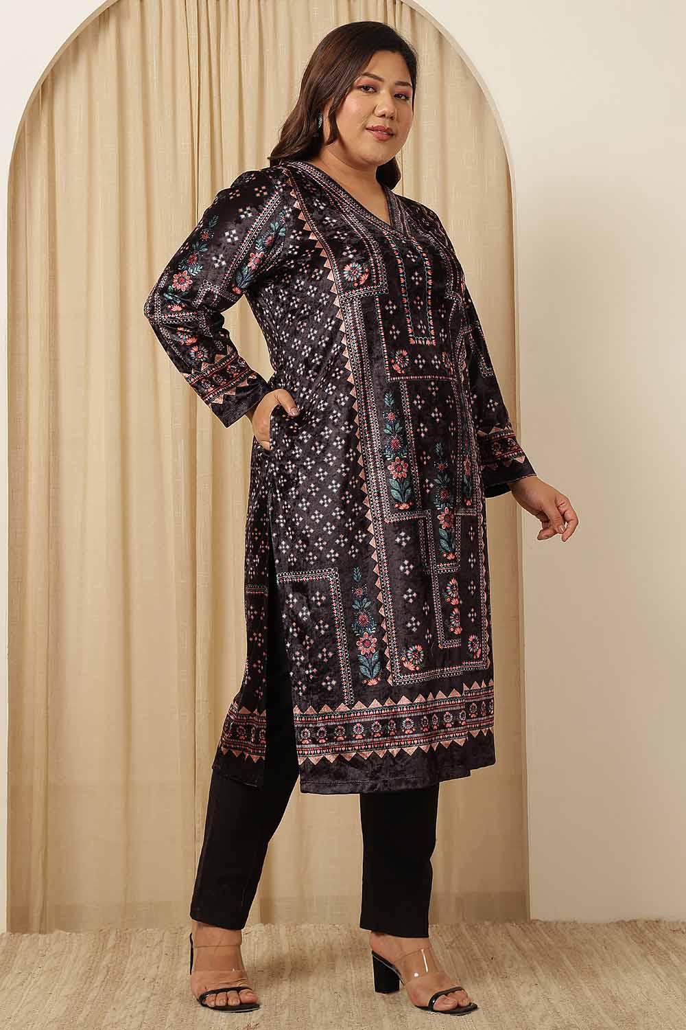 Plus Size Black Ethnic Panel Velvet Kurta for Women