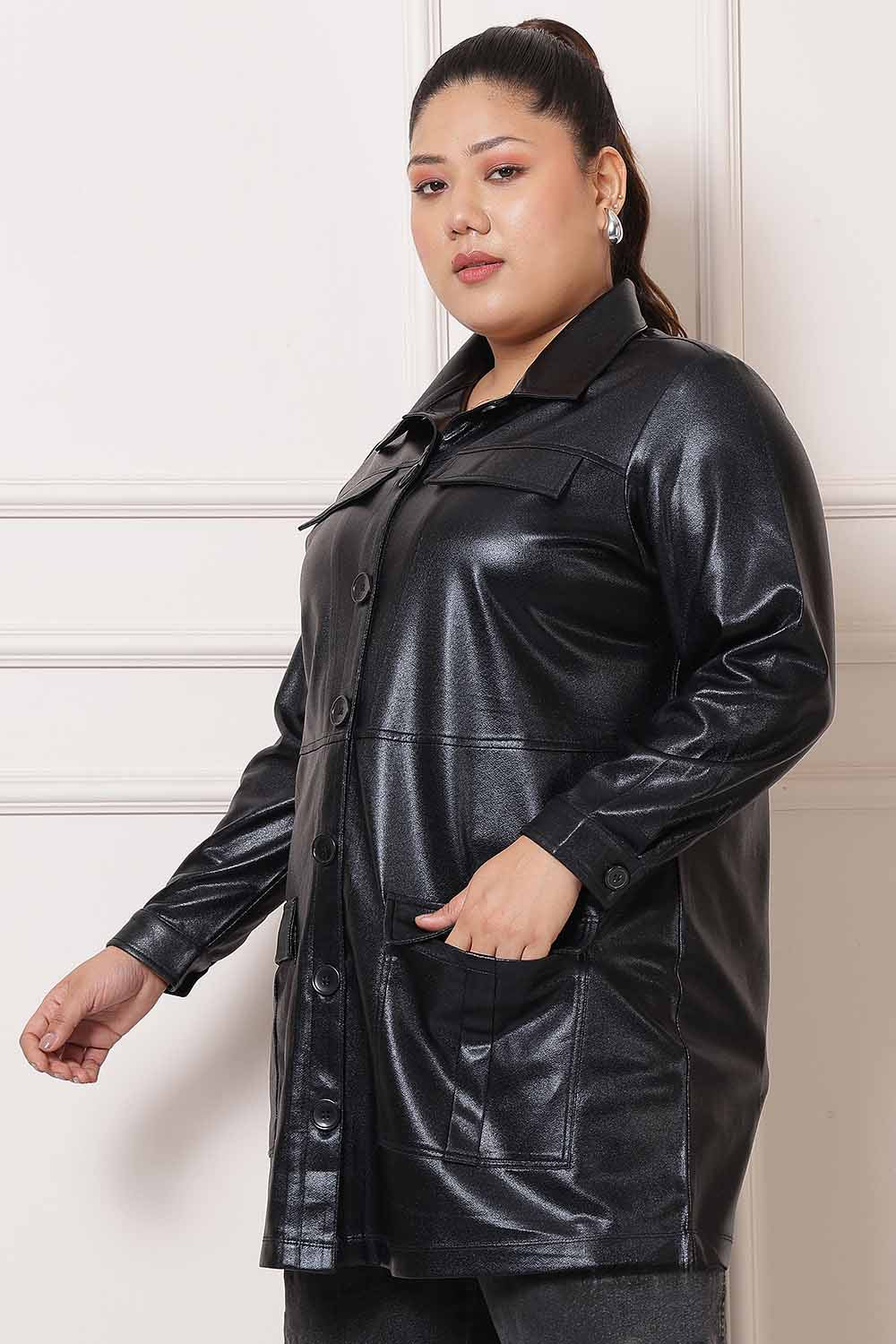 Plus Size Plus Size Cruelty Free Black Leather Shacket