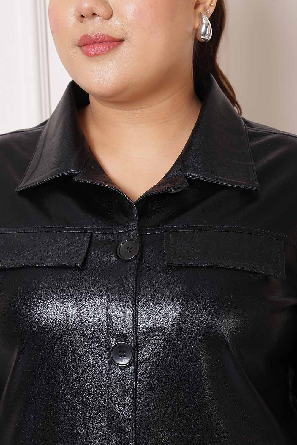 Plus Size Cruelty Free Black Leather Shacket