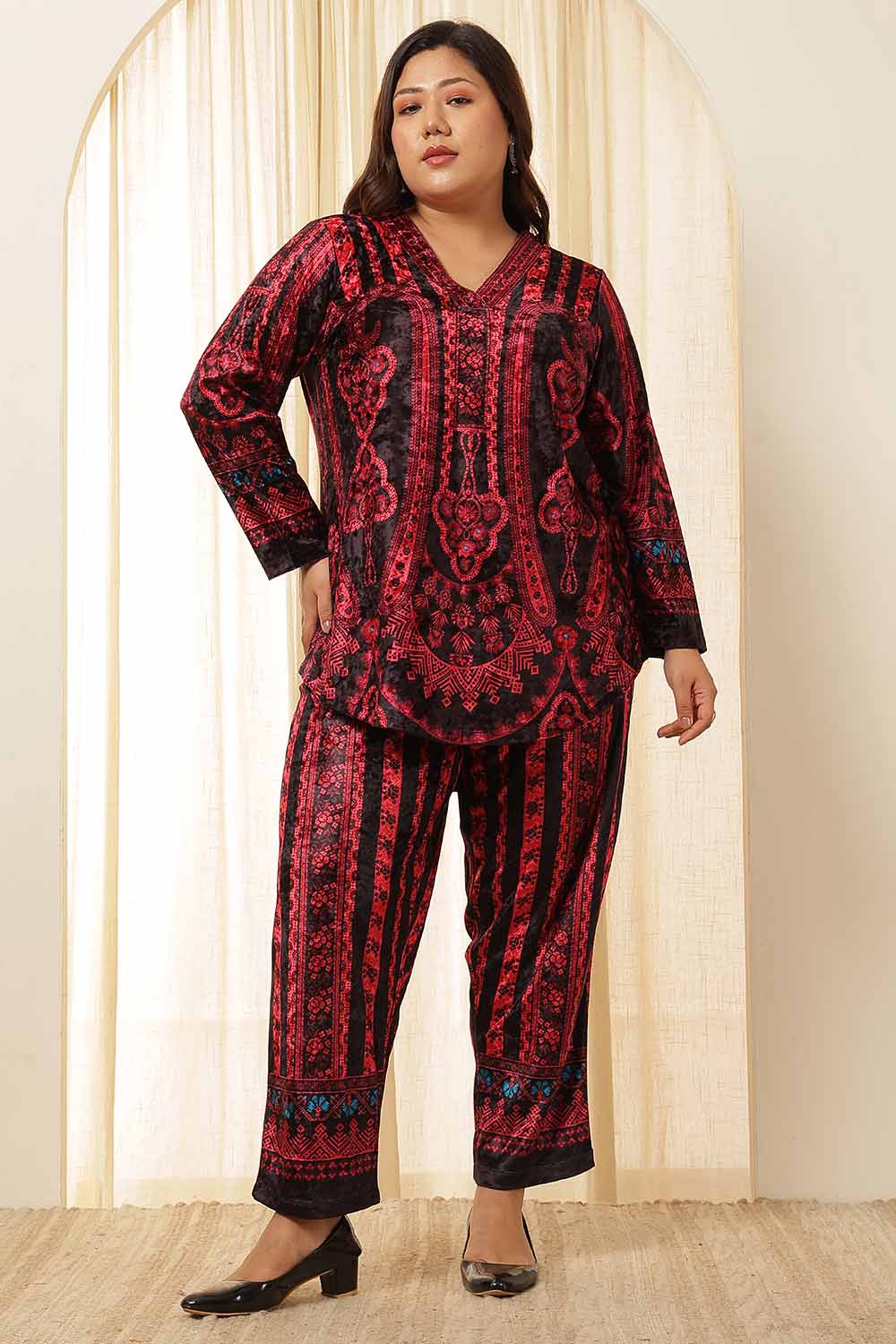 Buy Plus Size Black Red Velvet Coord Set