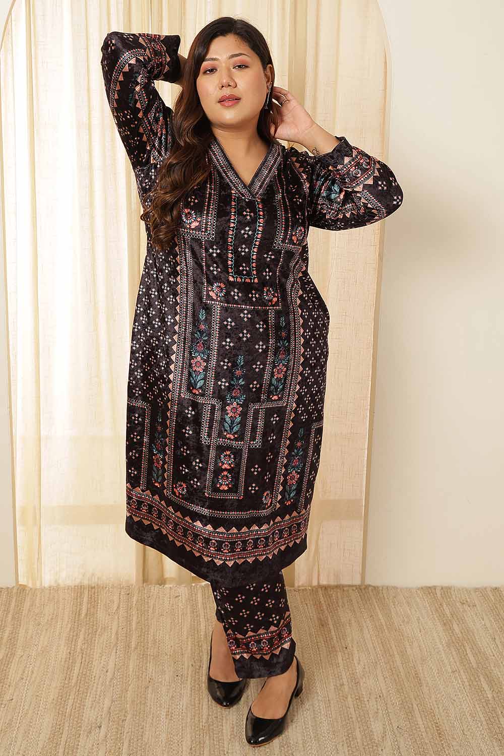 Plus Size Black Ethnic Panel Velvet Coord Set