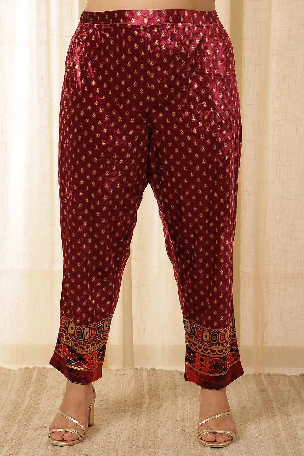 Plus Size Maroon Border Print Velvet Pant