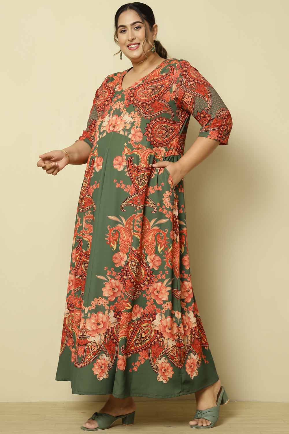 Plus Size Red Green Printed Anarkali Dress