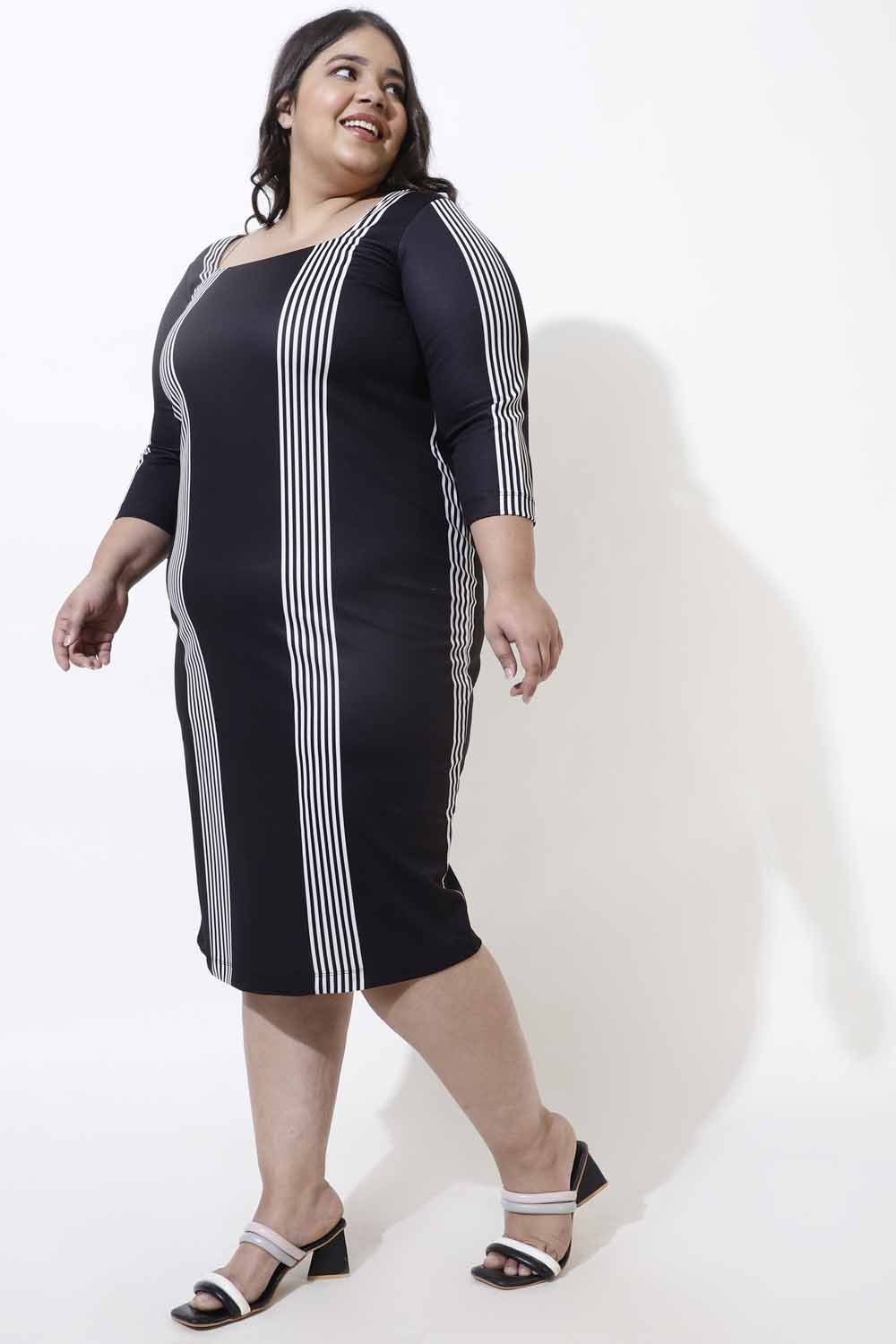 Plus Size Black Stripe Bodycon Dress for Women