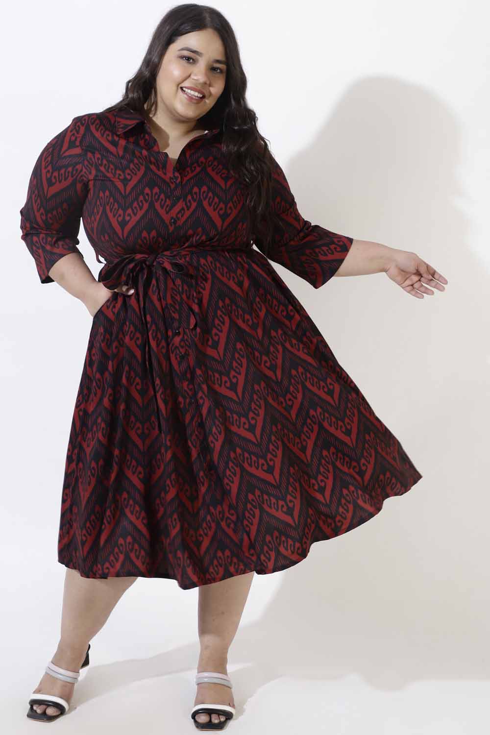 Buy Plus Size Maroon Printed Crepe Shirt Dress