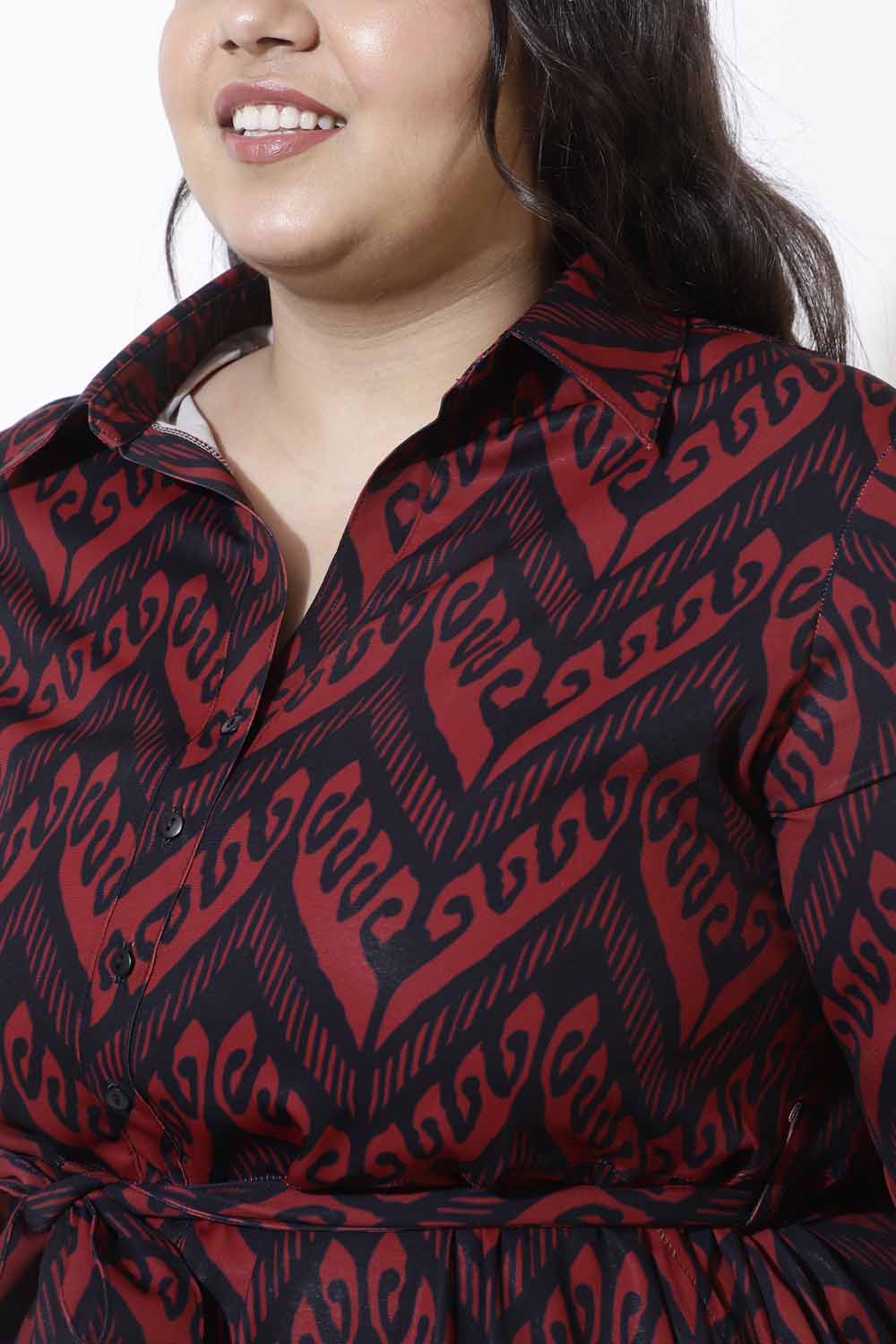 Plus Size Plus Size Maroon Printed Crepe Shirt Dress