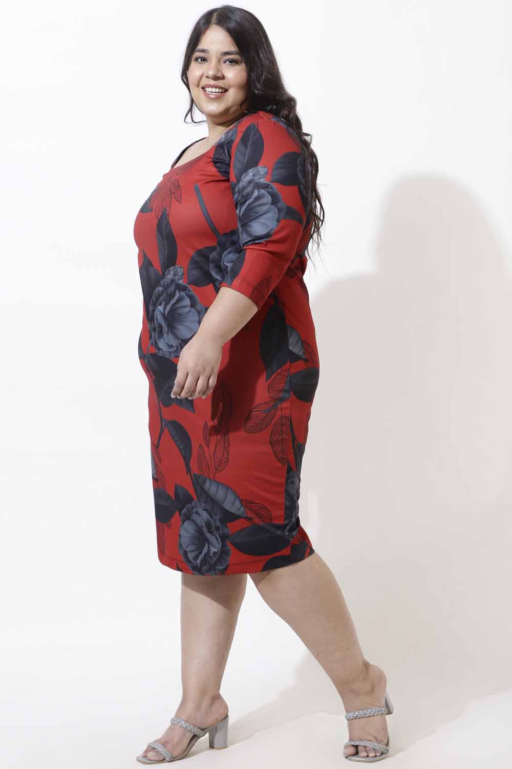Plus Size Red Floral Bodycon Dress for Women