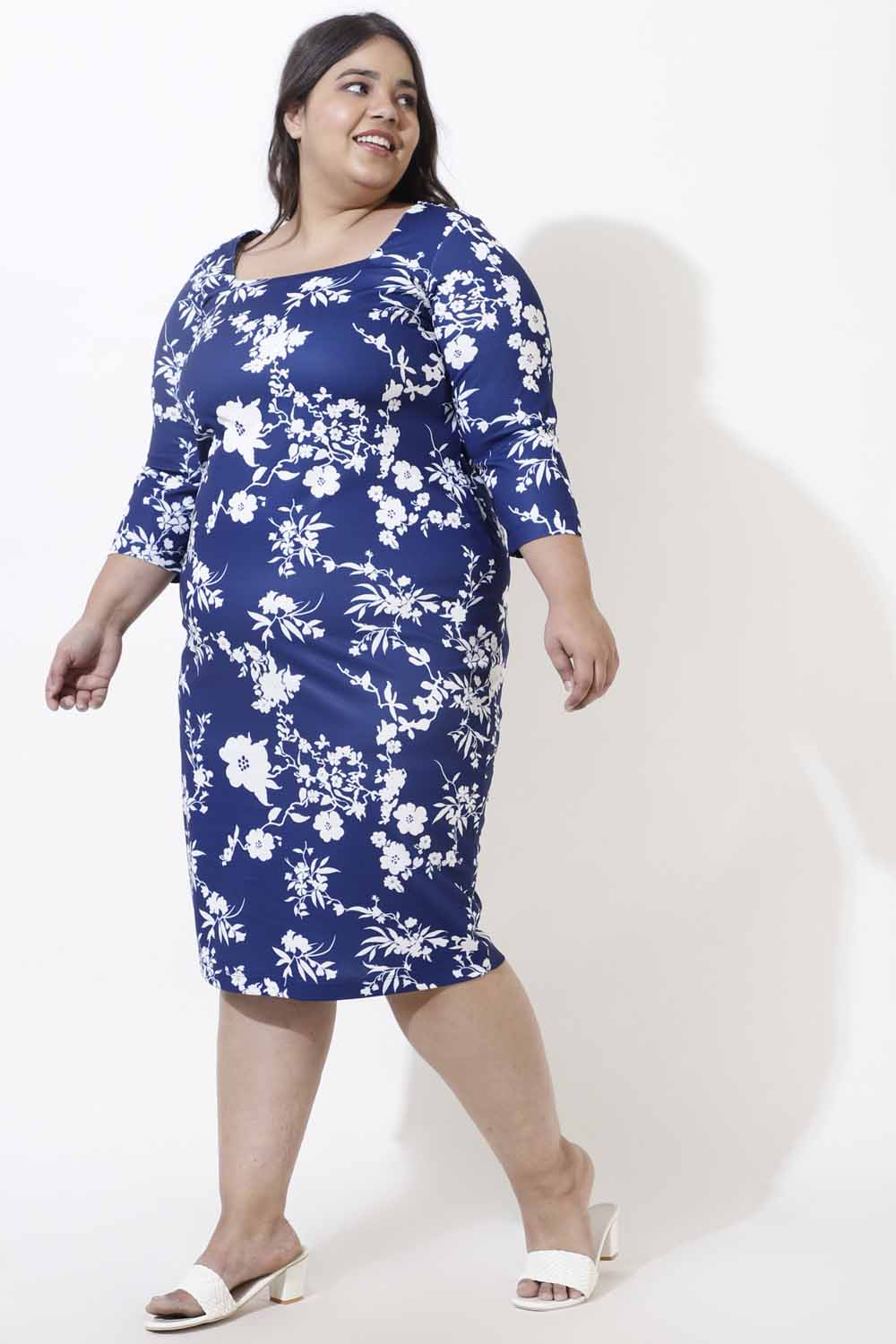 Plus Size Navy Floral Bodycon Dress for Women