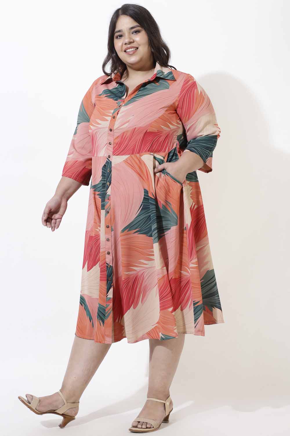 Plus Size Bright Tropical Crepe Shirt Dress for Women