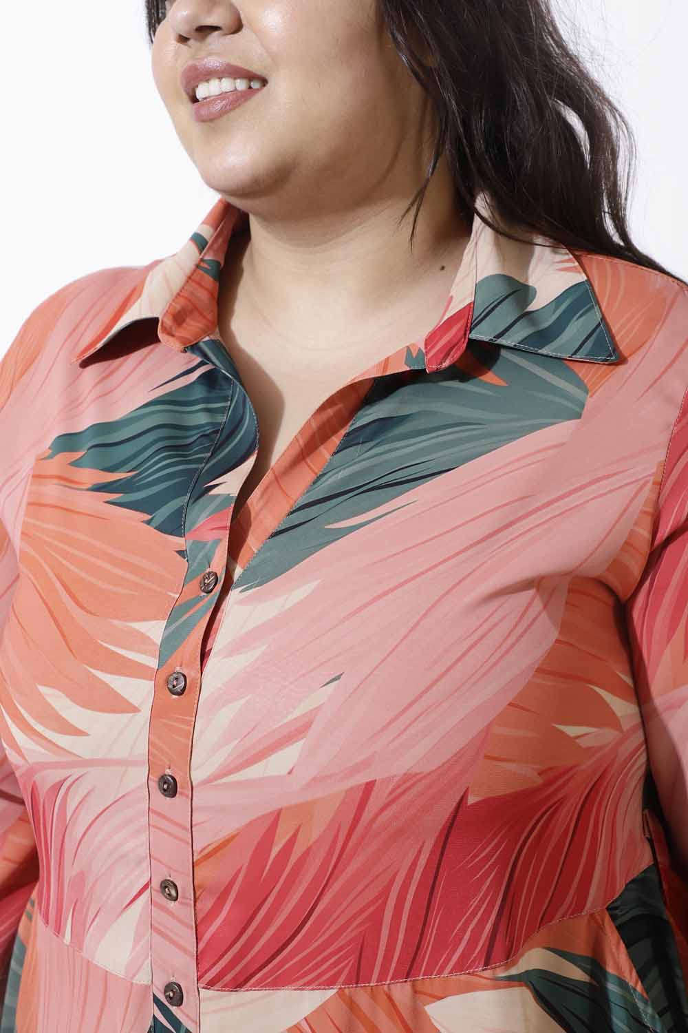 Comfortable Plus Size Bright Tropical Crepe Shirt Dress