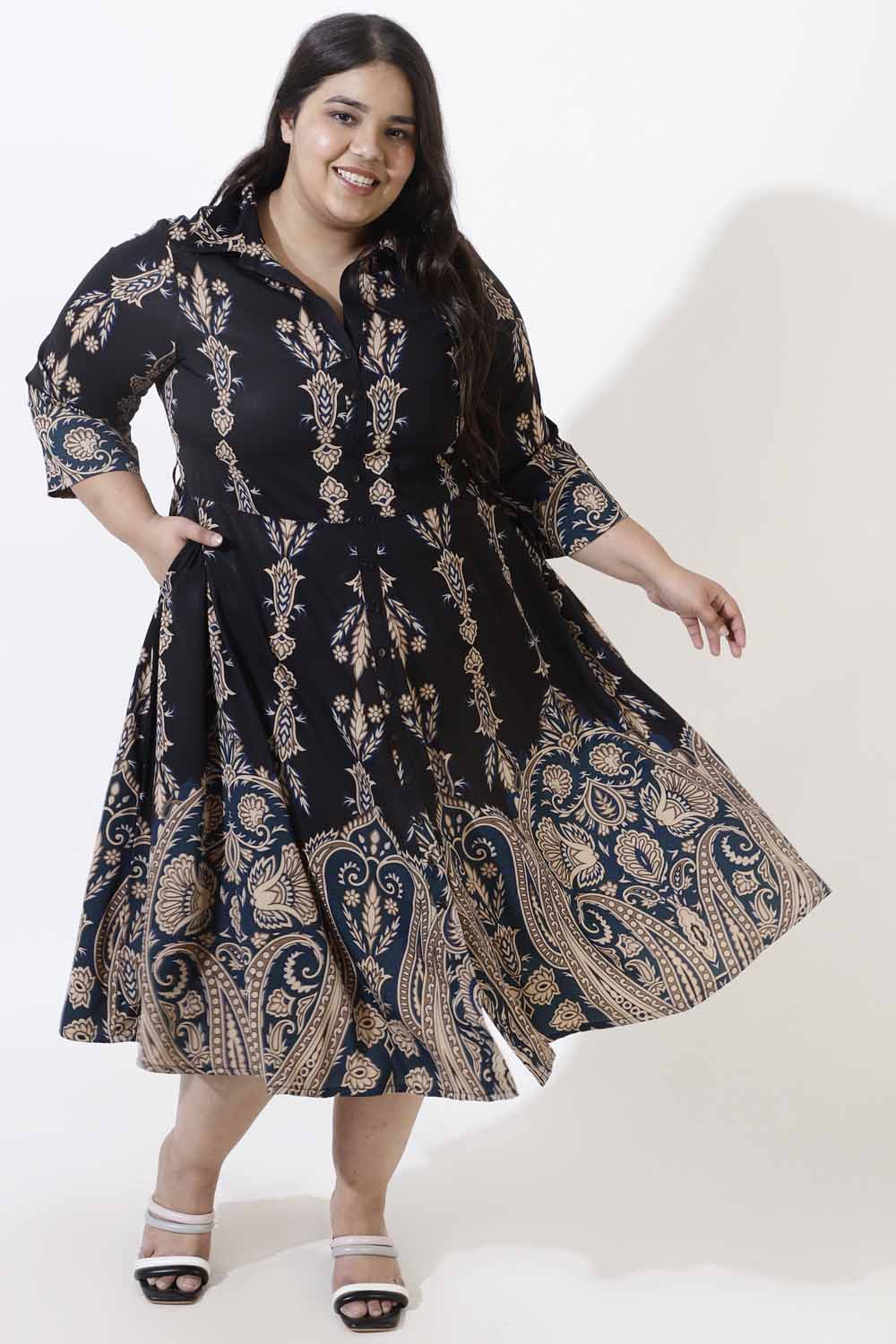 Plus Size Black Printed Crepe Shirt Dress