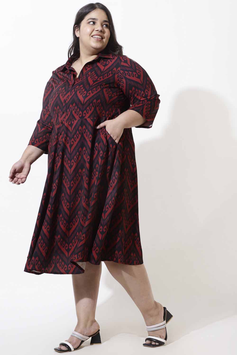 Comfortable Plus Size Maroon Printed Crepe Shirt Dress