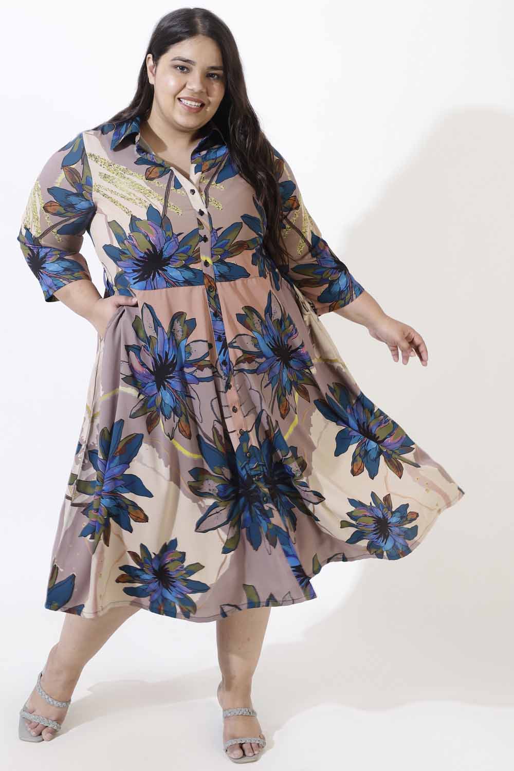 Plus Size Plus Size Beige Floral Crepe Shirt Dress