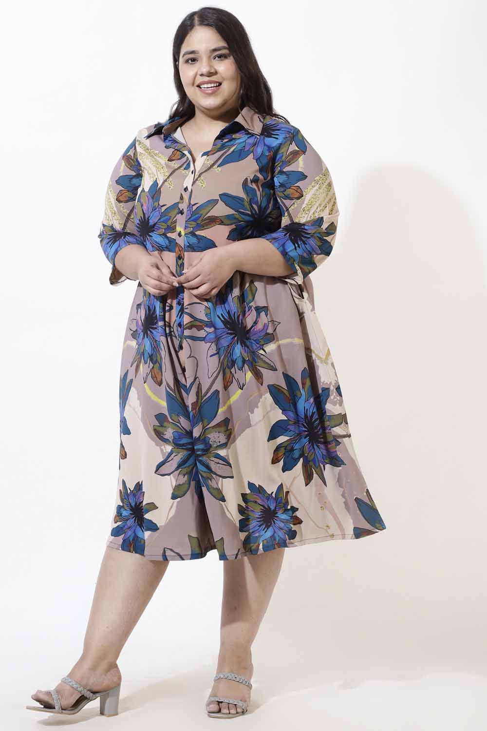 Comfortable Plus Size Beige Floral Crepe Shirt Dress