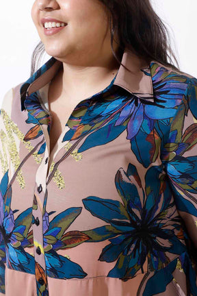 Plus Size Beige Floral Crepe Shirt Dress