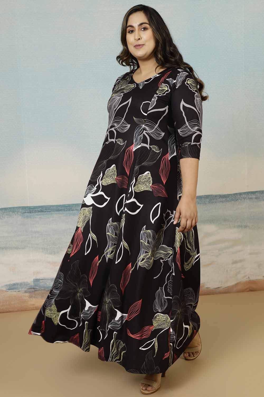 Comfortable Black Floral Plus Size Dress