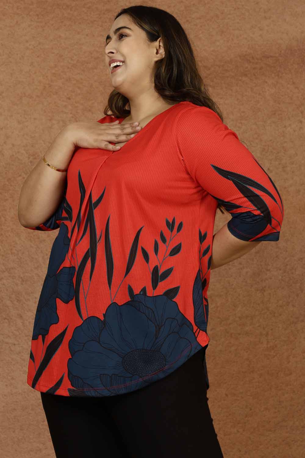 Plus Size Red Teal Print Plus Size Top