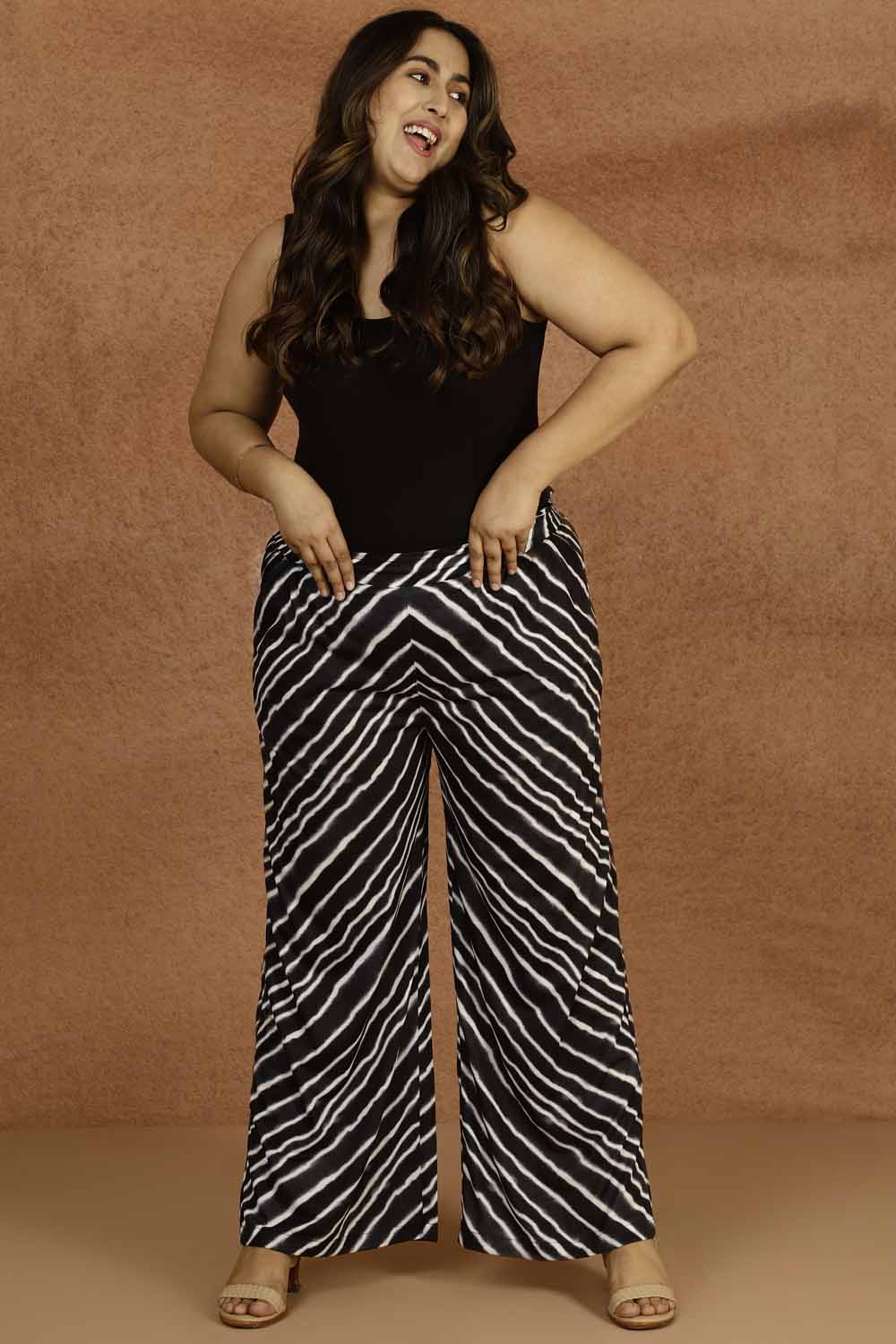 Plus Size Black Leheriya Printed High Waist Pants