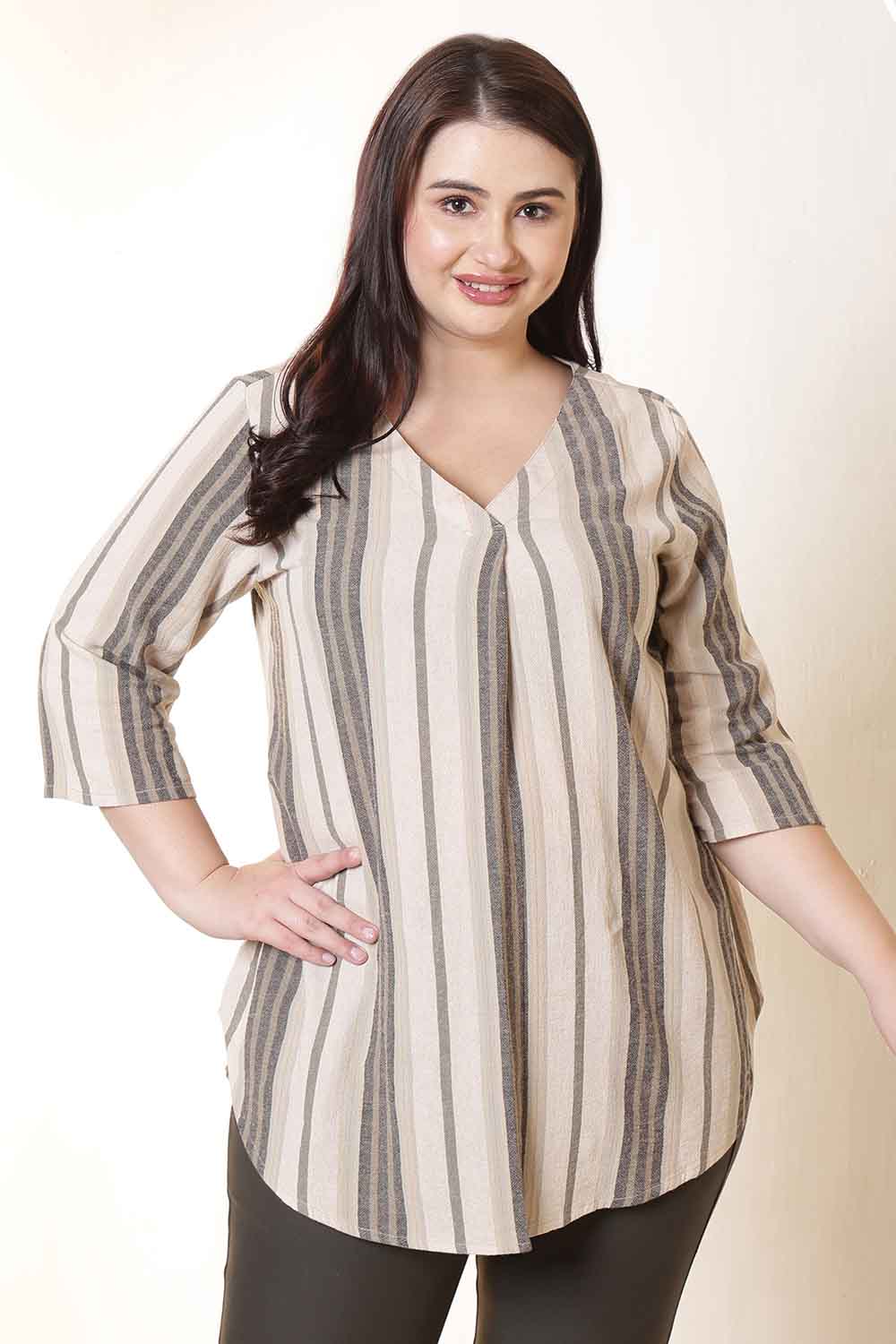 Plus Size Beige & Grey Striped V-Neck Cotton Top for Women