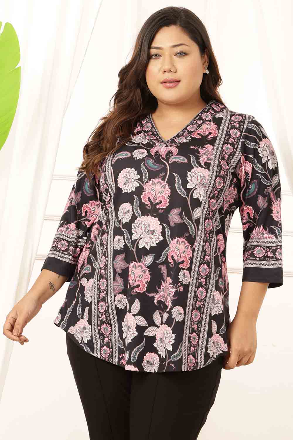 Plus Size Black Floral V Neck Top Online in India | Amydus