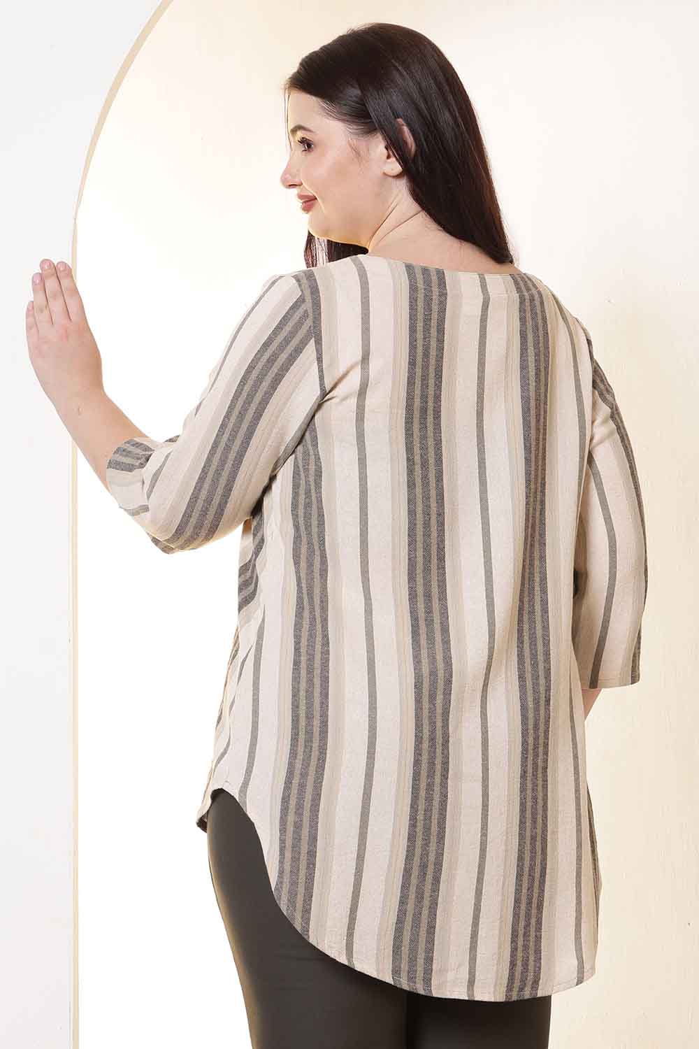 Plus Size Beige & Grey Striped V-Neck Cotton Top