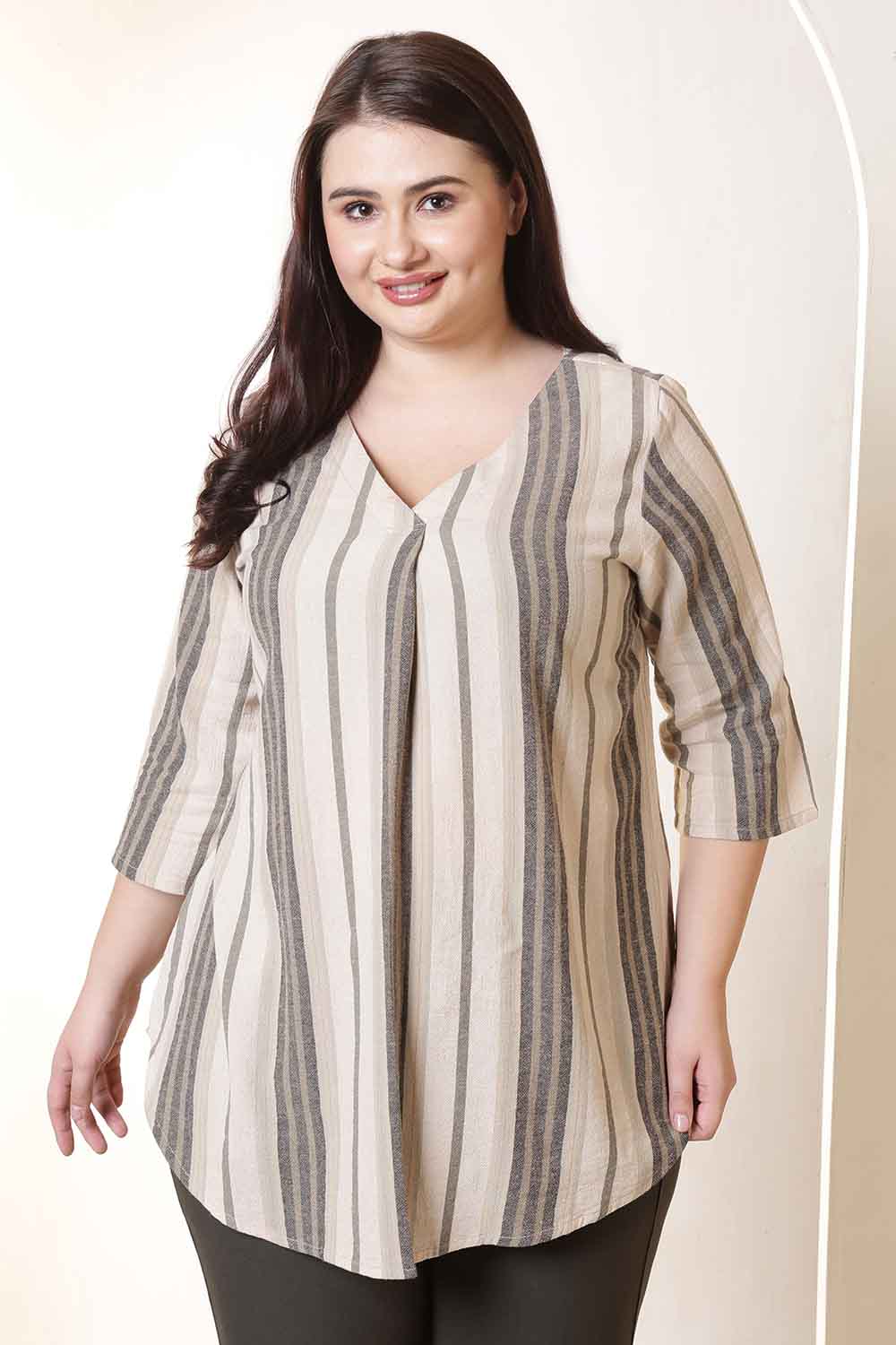 Comfortable Plus Size Beige & Grey Striped V-Neck Cotton Top