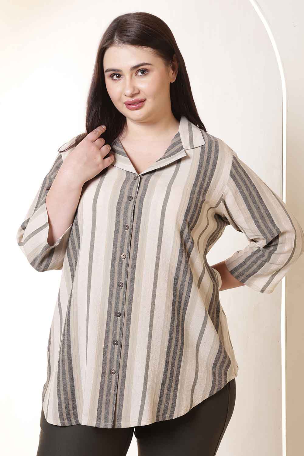Plus Size Beige & Grey Striped Cuban Collar Cotton Shirt