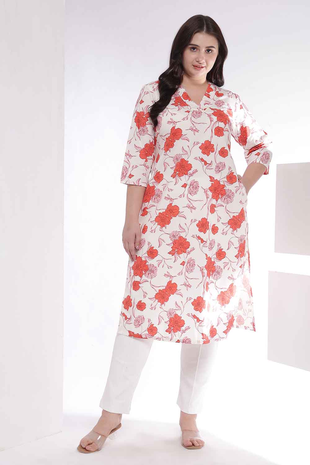 Plus Size Red Floral Print Cotton V Neck Kurta