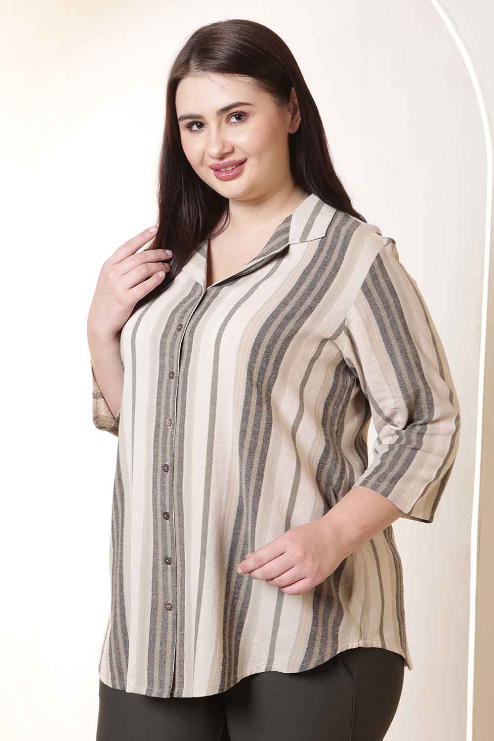 Plus Size Plus Size Beige & Grey Striped Cuban Collar Cotton Shirt