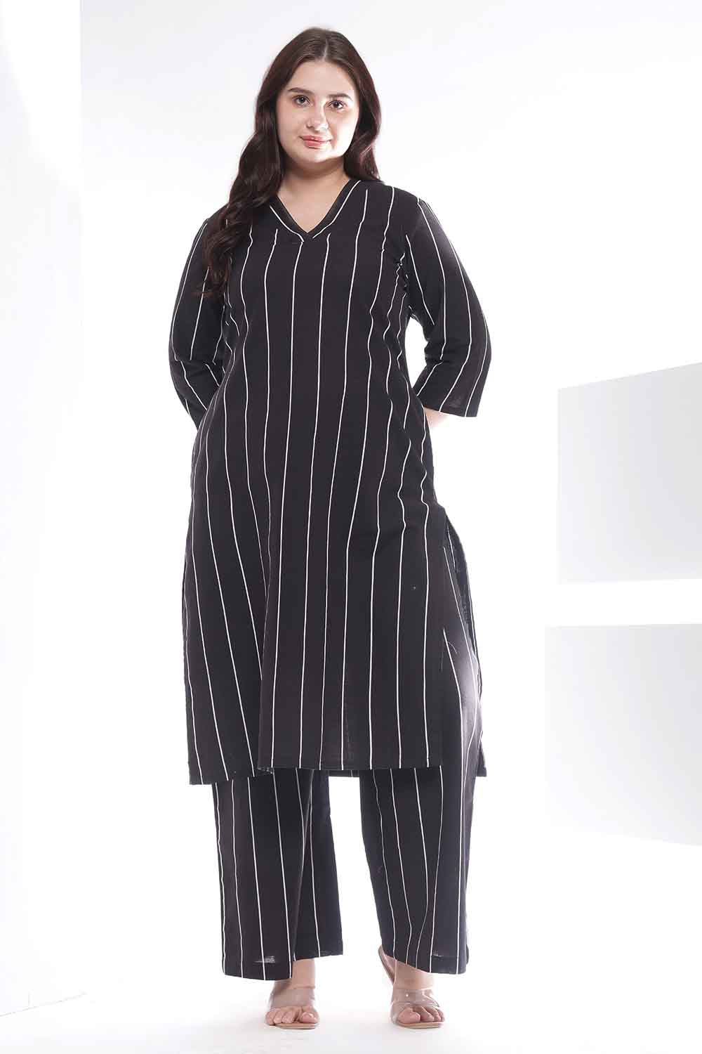 Plus Size Black Vertical Stripe Kurta Coord Set