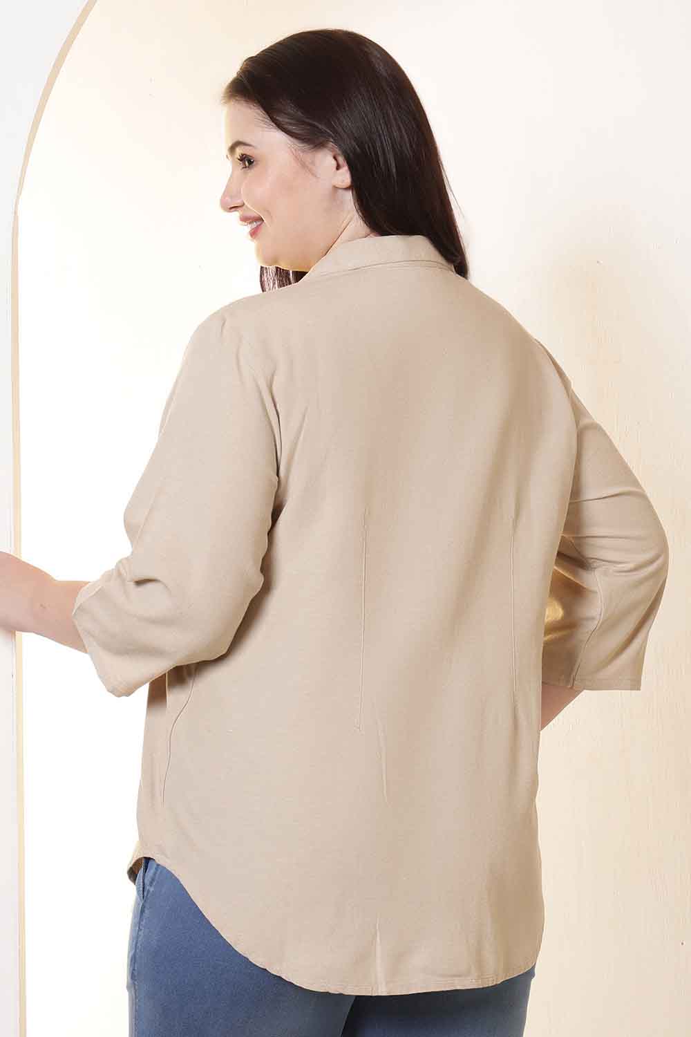 Plus Size Beige Cotton Linen Cuban Collar Shirt
