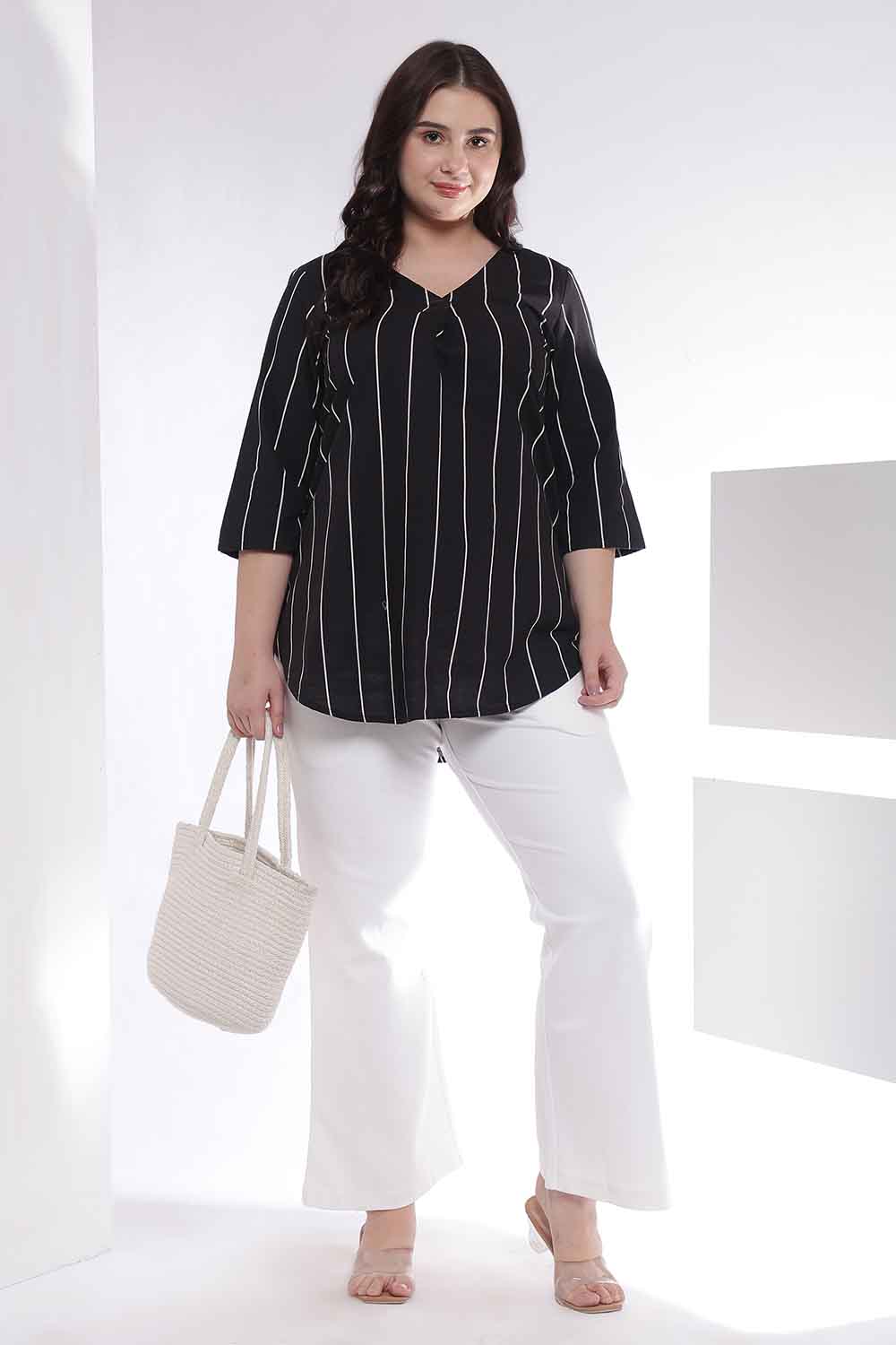 Plus Size Black Vertical Stripe V Neck Cotton Top