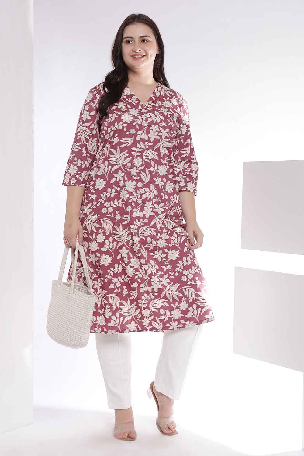 Plus Size Purple Taupe Floral Print Cotton V Neck Kurta