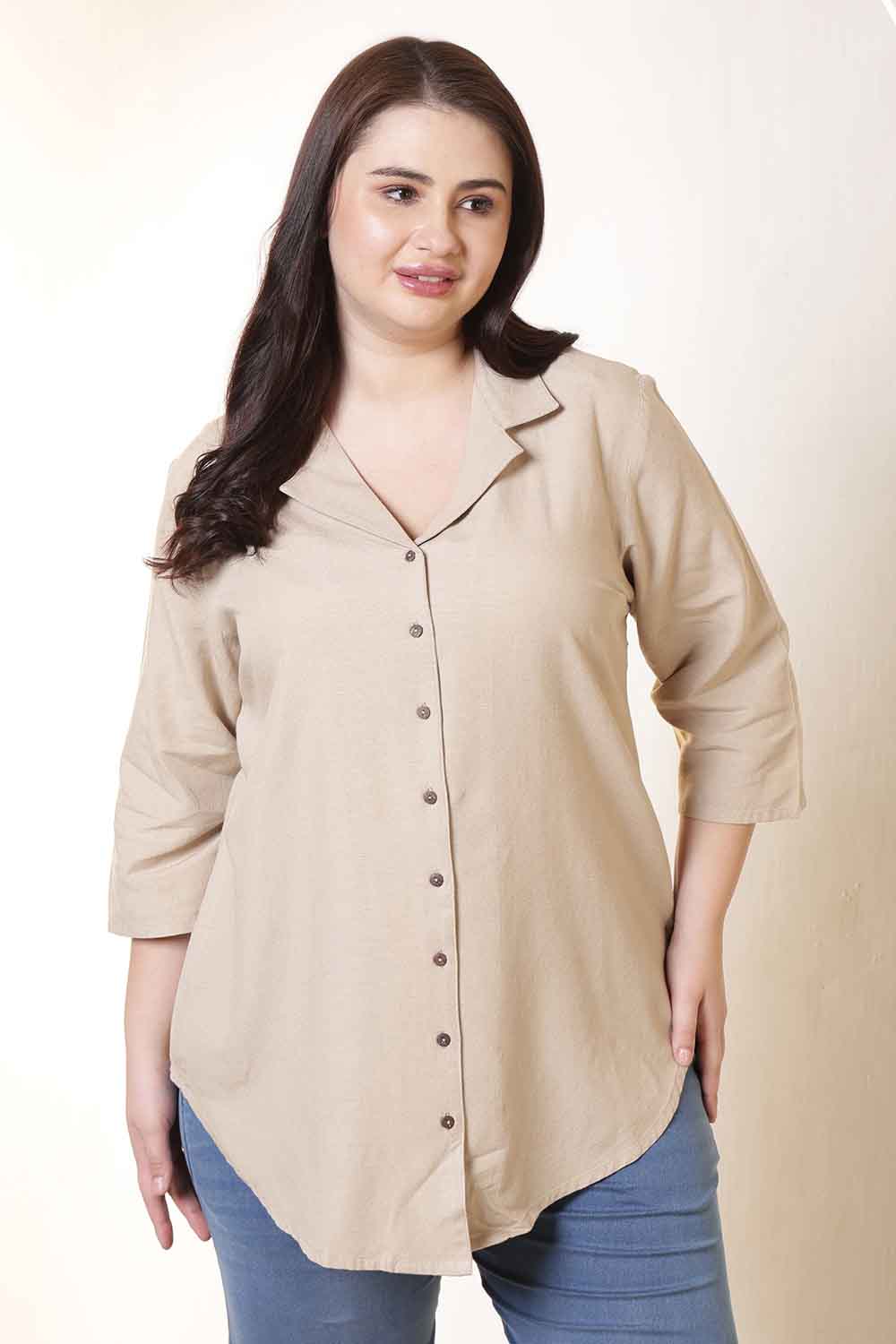 Plus Size Beige Cotton Linen Cuban Collar Shirt