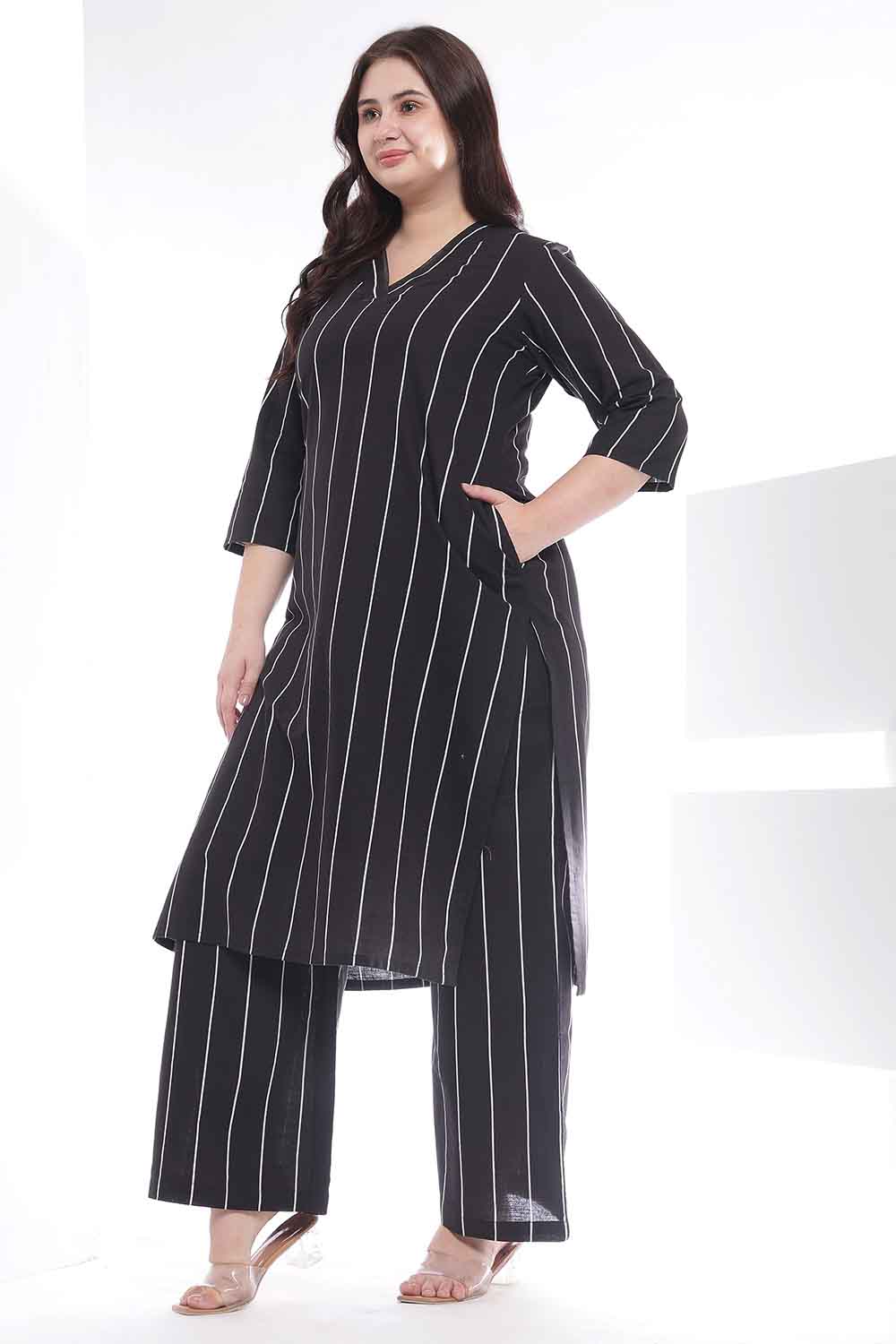 Plus Size Black Vertical Stripe Kurta Coord Set