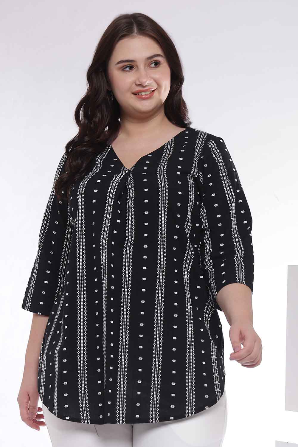Plus Size Black Weave Work V Neck Top